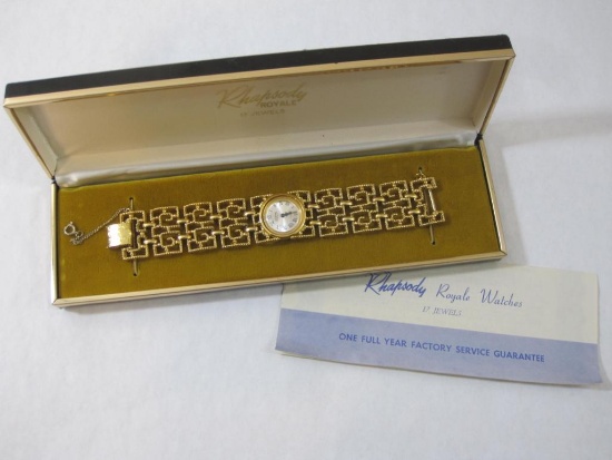Rhapsody Royale 17 Jewels Gold Tone Watch in original box, 6 oz