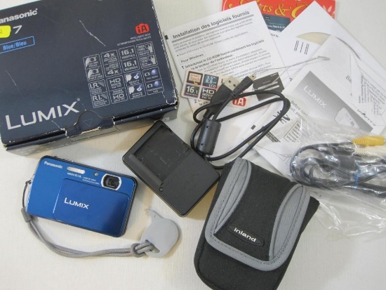 Panasonic Lumix FP7 Digital Camera, Blue, 16.1 mp, with cords, battery, charger, manual, and case,