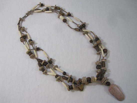 Chunky Tribal Stone, Wood, and Bone Beaded Necklace, 12 oz