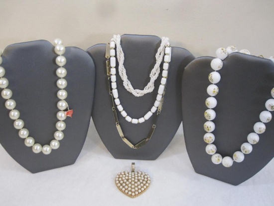 Lot of Mostly White and Faux Pearl Jewelry including white seed bead necklace (marked Japan), white