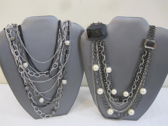 Two Multi-Strand Black and Silver Tone Fashion Necklaces, 10 oz