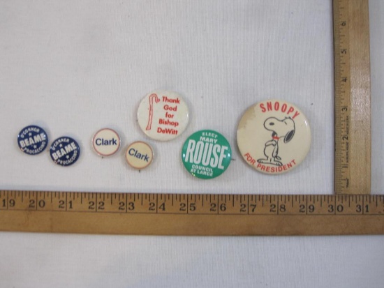 Lot of Assorted Pin Back Buttons including Snoopy for President, Beame O'Connor Procaccino, Clark