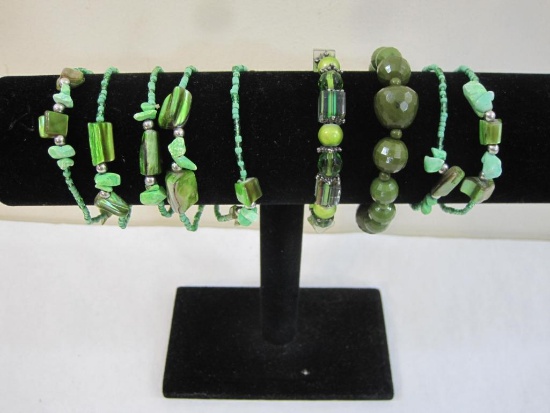 Lot of 9 Green Beaded Stretch Bracelets, 3 oz