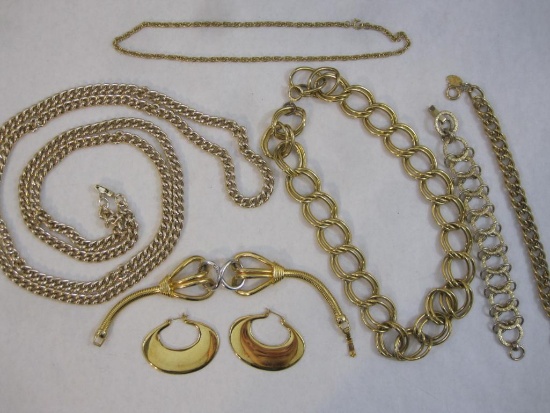 Lot of Gold Tone Jewelry including EP Erwin Pearl Bracelet, necklaces, earrings and more, 8 oz