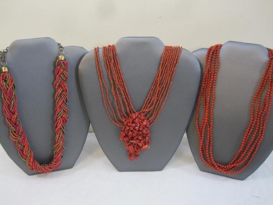 Three Red Seed Bead Necklaces, 8 oz