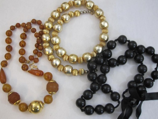 Three Chunky Beaded Necklaces including black wood bead and more, 15 oz