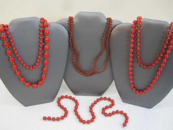 Six Red Beaded Necklaces, acrylic beads, 6 oz