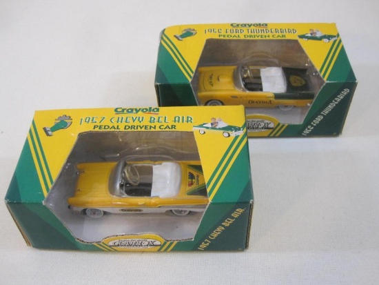 Two Crayola Crayon Pedal Driven Cars including 1956 Ford Thunderbird and 1957 Chevy Bel Air, new in