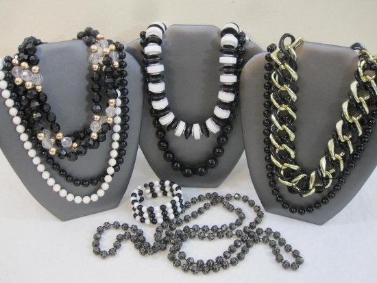 Lot of Black and White Jewelry including 7 necklaces and a wrap bracelet, 1 lb 1 oz