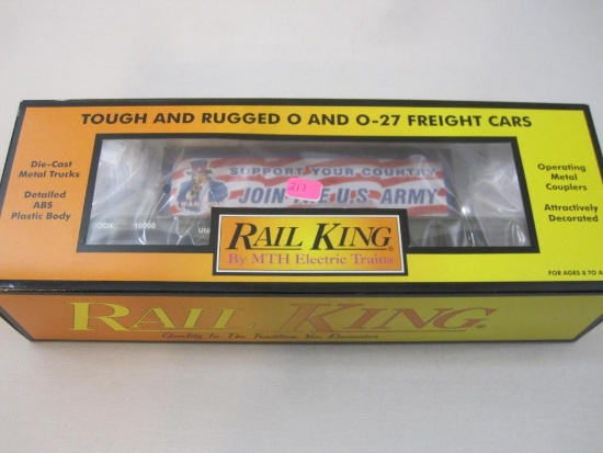 Rail King US Army Flat Car w/ Billboard Item No. 30-76028, O Scale, in original box, MTH Electric