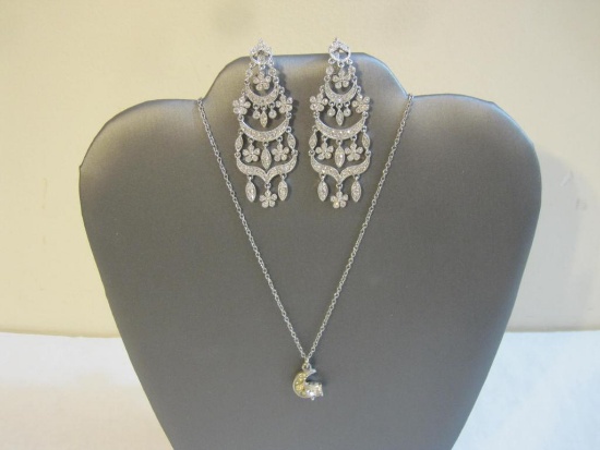 Lot of Clear Gemstone Silver Tone Jewelry including moon necklace and earrings, 2 oz