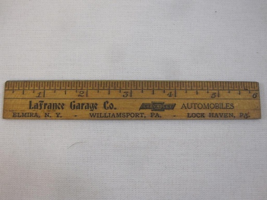 Vintage LaFrance Garage Co Advertising Ruler, Elmira NY Williamsport PA Lock Haven PA, 1 oz