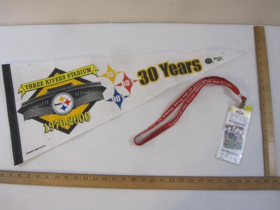 Two Football Items including 2006 Army Navy Game Ticket and Steelers 30th Anniversary Pennant Flag,