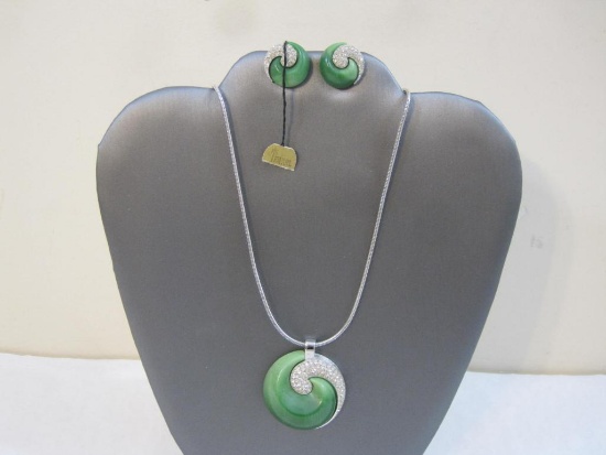 Vintage Silver Tone Trifari Necklace and Earring Set, Green with Clear Gemstone Accents, 2 oz