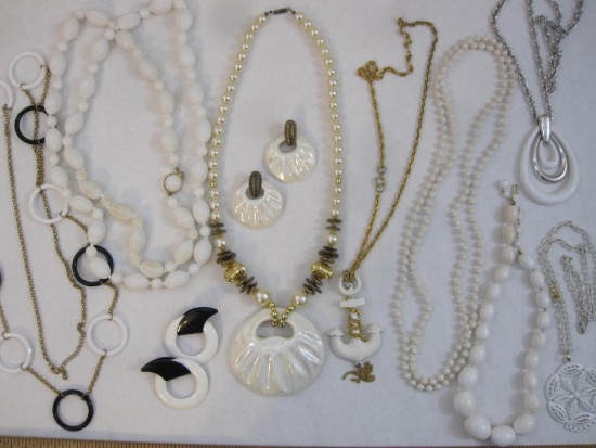 Lot of Black and White Jewelry including ceramic shell necklace and earring set with faux pearls, 1