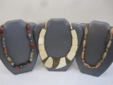 Three Unique Necklaces including Bone with Brass Accents, Art Glass Beads and more, 8 oz