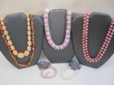 Lot of Beaded Fashion Jewelry including Rose Quartz and White Onyx Bracelets, orange floral beaded