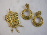 Trifari Gold Tone with Yellow Flowers Pin and Clip-On Earring Set, 2 oz