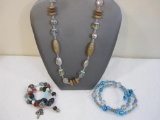 Beautiful Beaded Necklace and 2 Bracelets including 1 with mushroom charm, 5 oz