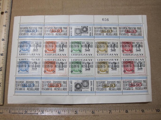 Full Sheet of 20 1966 Uruguay Postage Stamps, Scott #C298a-j