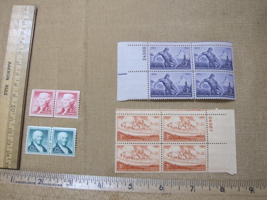 Four Blocks of US Stamps, four 3 cent Kansas Territorial Centennial, four 3 cent Nebraska