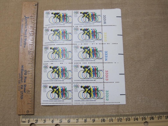 Two Blocks of 10 US Olympic Postage Stamps, mint 1972, Scott #1460 (Auctioneer's Note: There are TWO
