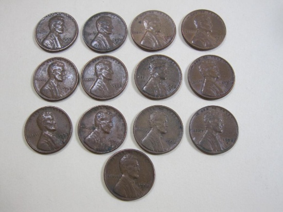 13 US Denver Mint Wheat Back Pennies: (8) 1957 and (5) 1958