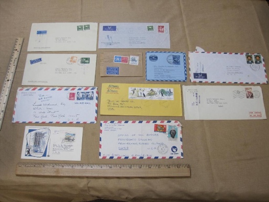Lot of Canceled Stamps and Air Mail Envelopes, 1960s and 1970s, sent to the US from Sweden, Germany,