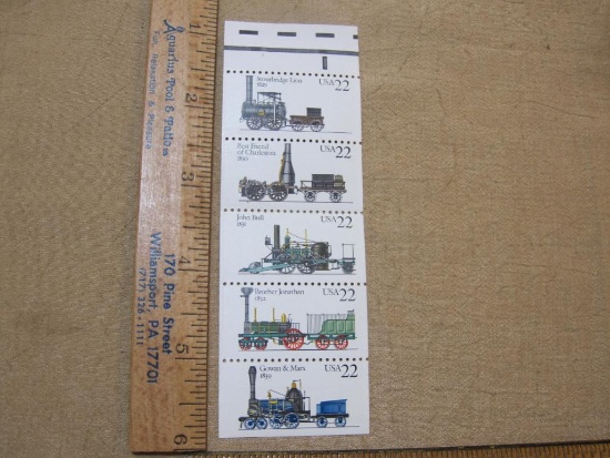 Block of Five 22 Cent Steam Engine US Postage Stamps