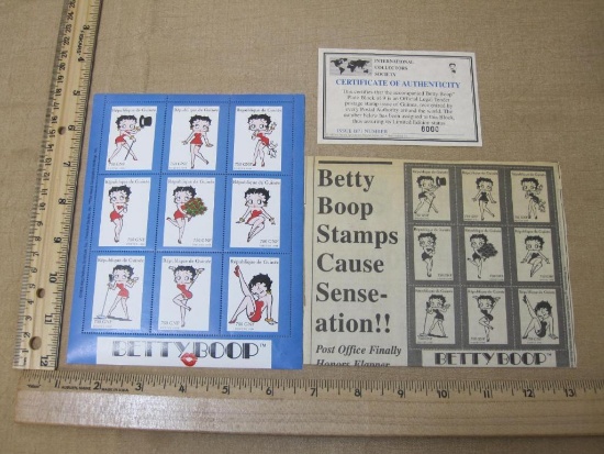 Mint block of 9 Betty Boop Postage Stamps, 1998
