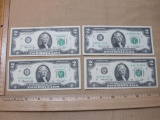 Four 1976 US Two Dollar Bills: B00135763A, B46015961A, B62559335A, and K23791355A
