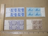 Blocks of US hinged stamps Scott # 1012, 1014, 1017, and 1018, National Guard, Centennial of
