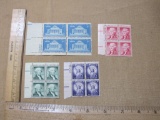 Blocks of four 1, 2, and 3 cent US Stamps, mint, Scott 1029, 1031, 1033, and 1035, Columbia