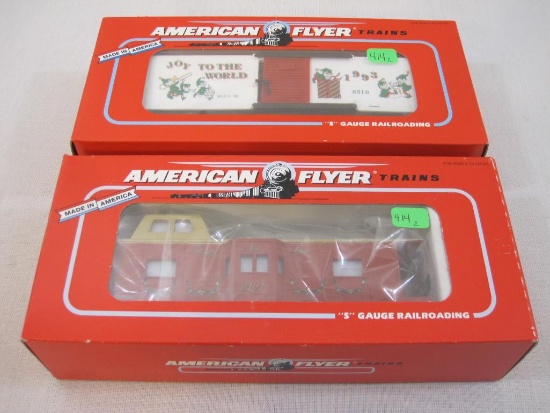 Two American Flyer Train Cars including American Flyer Christmas Bay Window Caboose 6-48712 and 1993
