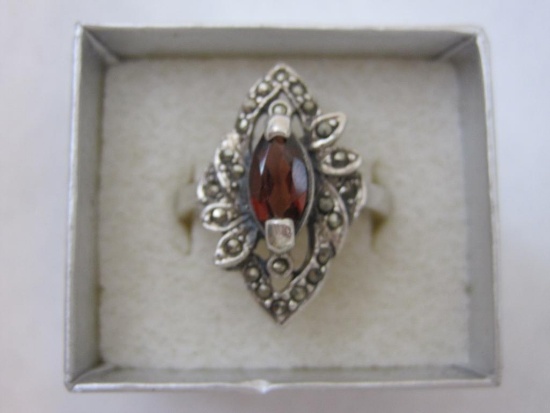 Sterling Silver and Garnet Ring, Size 9, marked .925, gemstone tested, 6.5 g total weight