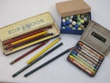 Lot of Vintage Children's Items including Prang Drawing Crayons in tin, Koh-I-Noor Drawing Pencils