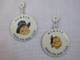 Two Vintage Birds Eye Kids Club Member Pins/Tabs, #6 & #8, 1 oz