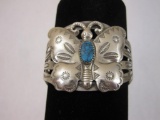 Beautiful Silver and Turquoise Butterfly Cuff Bracelet, Nickel Silver Bell, 27.9 g total weight