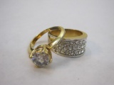 Two Gold Tone Rings with Clear Gemstones, size 6
