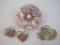 Four Vintage Pins including 2 hearts with pink gemstones (1 is missing a stone), iridescent pink