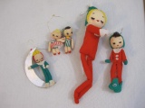 Four Vintage Christmas Ornaments and Elves, all marked Japan, 4 oz