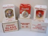 Three Vintage Campbell's Collector's Edition Ornaments from 1990, 1997, and 1999, in original boxes,