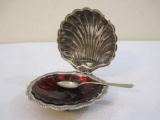 Silver Plate Clamshell Serving Dish with Red Glass Inner Dish, E&JL England, 9 oz