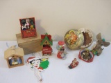 Lot of Assorted Vintage Christmas Ornaments including Avon Musical Toy Box, Cast Metal Santa Figure