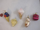 Five Vintage Glass Christmas Ornaments including ice cream, Indian in canoe and more, 3 oz