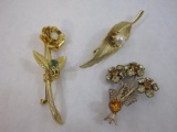 Three Gold Tone Floral Pins/Brooches, 1 oz
