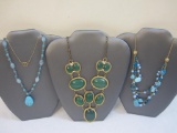Three Vintage Necklaces including blue stones and gold tone with green enamel, 5 oz
