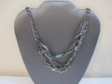 Multistrand Gun Metal Silver Tone Necklace with Iridescent Beads, 3 oz