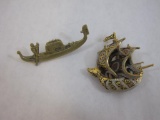 Two Boat Pins including ornate ship (marked Spain) and gondola, 1 oz