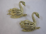Two Gold Tone Swan Pins with Gemstone Accents, 1 oz